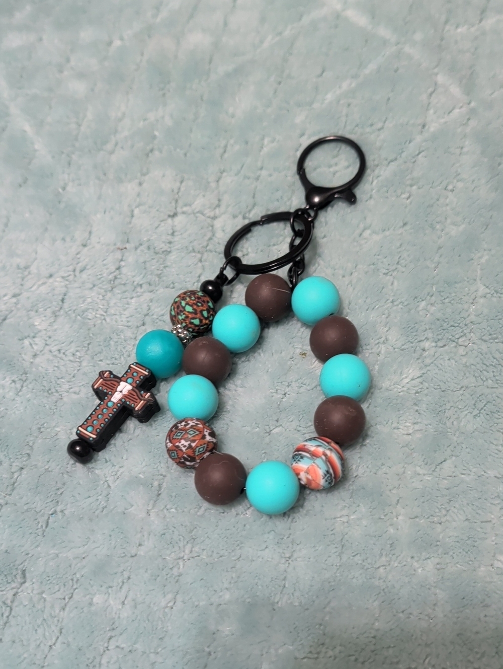 Turquoise & Brown Beaded Cross Keychain for Kids